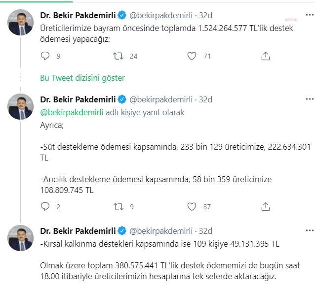 PAKDEMİRLİ TARIM DESTEKLERİNİN BAYRAM ÖNCESİNDE ÖDENECEĞİNİ AÇIKLADI