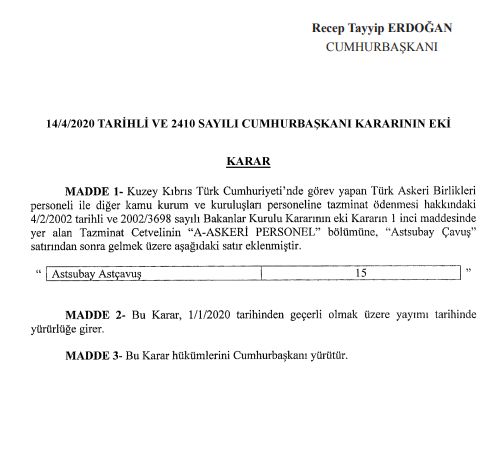 KKTC’DE GÖREV ALAN ASTSUBAY ASTÇAVUŞLARA TAZMİNAT ÖDENECEK