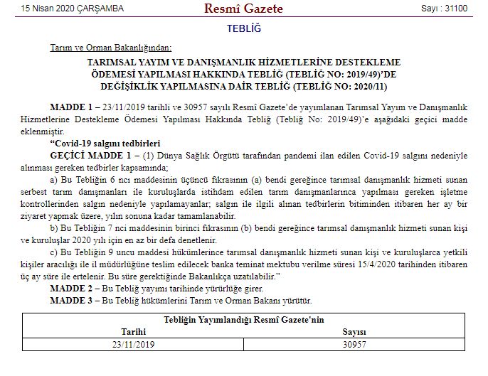 TARIMA KORONAVİRÜS DÜZENLEMESİ
