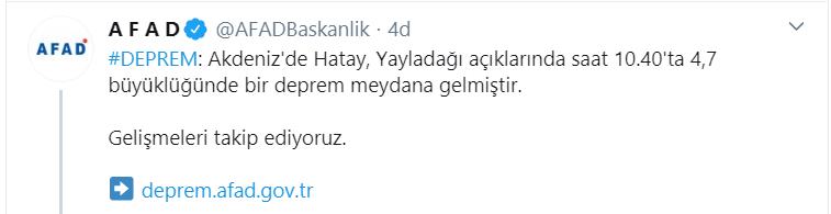 HATAY’DA 4.7 BÜYÜKLÜĞÜNDE DEPREM
