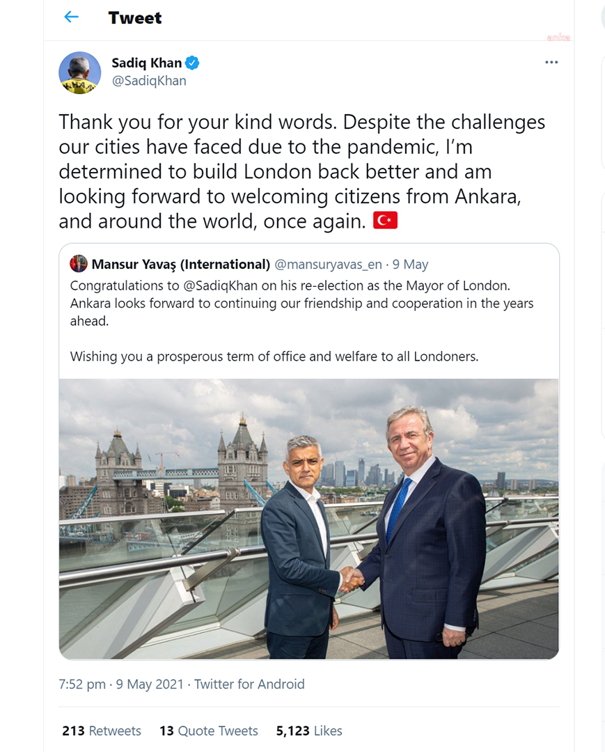 MANSUR YAVAŞ’TAN YENİDEN LONDRA BELEDİYE BAŞKANI SEÇİLEN SADIQ KHAN’A TEBRİK MESAJI