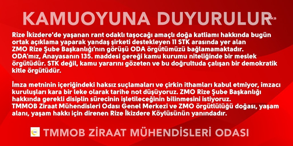 ZİRAAT MÜHENDİSLERİ ODASI RİZE ŞUBESİ, İKİZDERE’DE ŞİRKETE DESTEK VERDİ, ODA GENEL MERKEZİ DİSİPLİN SÜRECİ BAŞLATTI