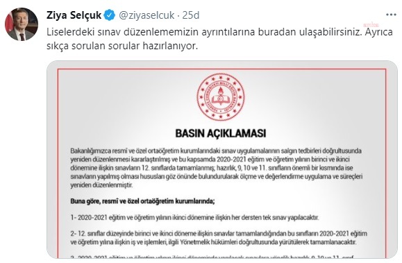 MEB: LİSELERDE İKİNCİ DÖNEMDE HER DERSTEN TEK SINAV YAPILACAK
