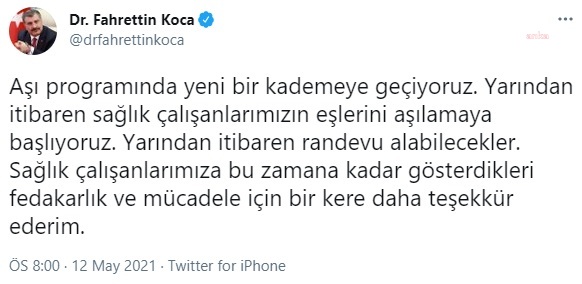 SAĞLIK BAKANI KOCA: YARINDAN İTİBAREN SAĞLIK ÇALIŞANLARININ EŞLERİ DE AŞILANACAK