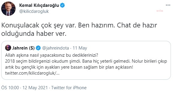KILIÇDAROĞLU'NDAN, TWİTTER'DAN SORU SORAN GENCE: "BEN HAZIRIM. CHAT DE HAZIR OLDUĞUNDA HABER VER"