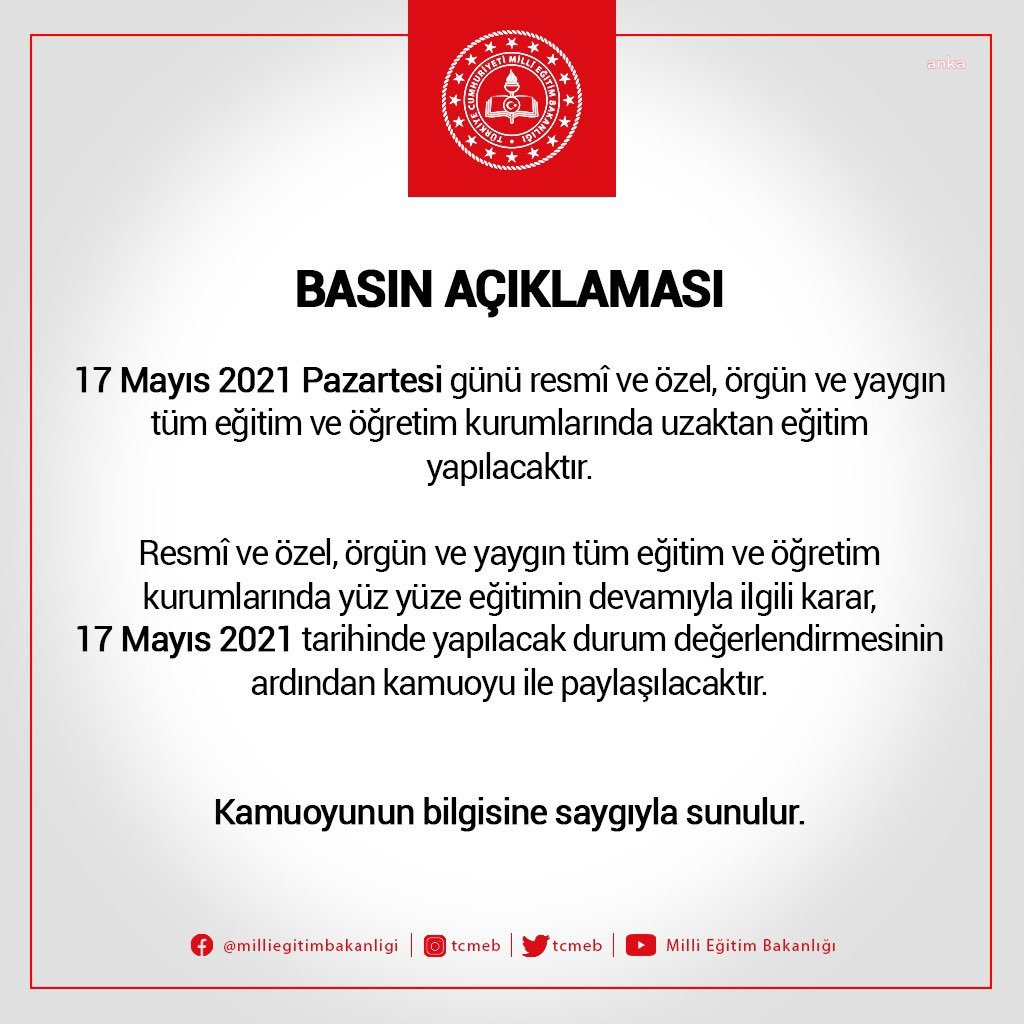 MEB: 17 MAYIS'TA TÜM EĞİTİM VE ÖĞRETİM KURUMLARINDA UZAKTAN EĞİTİM YAPILACAK