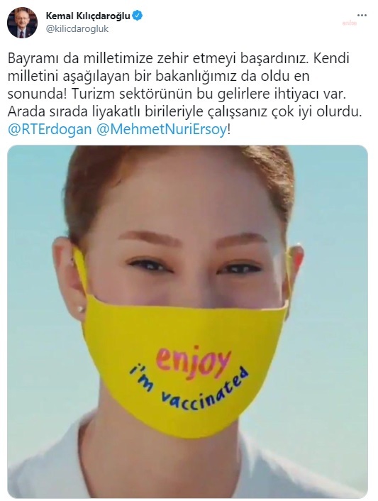 KILIÇDAROĞLU'NDAN, "AŞILANDIM" MASKELİ TANITIM VİDEOSUNA TEPKİ: "KENDİ MİLLETİNİ AŞAĞILAYAN BİR BAKANLIĞIMIZ DA OLDU EN SONUNDA!"