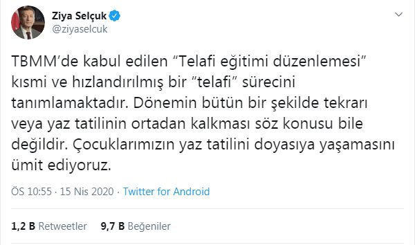 ZİYA SELÇUK: YAZ TATİLİNİN KALKMASI SÖZ KONUSU DEĞİL
