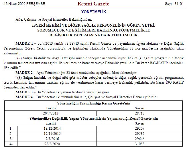 İŞÇİ SAĞLIĞI VE İŞ GÜVENLİĞİ ÇALIŞANLARININ EĞİTİMLERİNE KORONAVİRÜS DÜZENLEMESİ