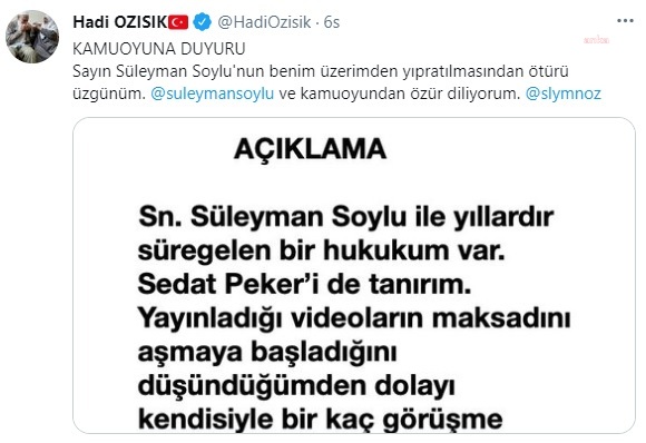 HADİ ÖZIŞIK'TAN AÇIKLAMA: "GÖRÜŞMELERDEN SOYLU'NUN BİLGİSİ YOKTU. SORUMLULUK ŞAHSIMA AİTTİR"
