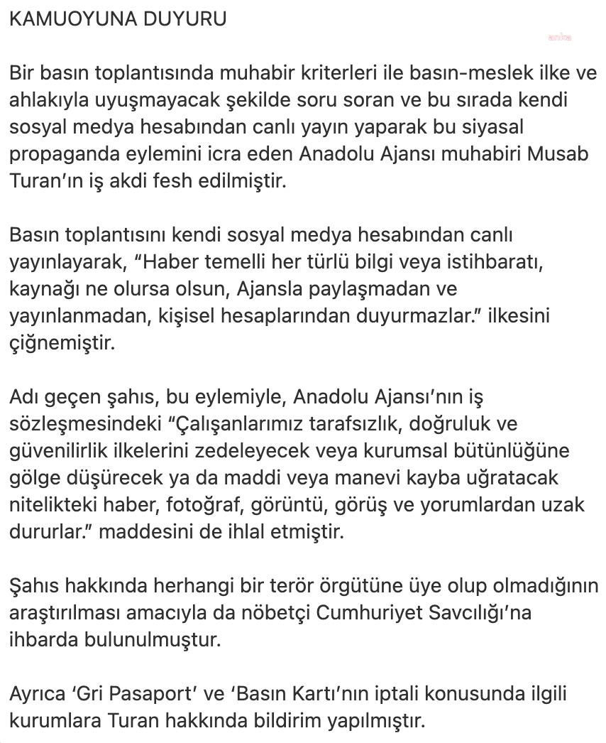 ANADOLU AJANSI, BAKANLARA SÜLEYMAN SOYLU'YU SORAN GAZETECİYİ İŞTEN ATTI