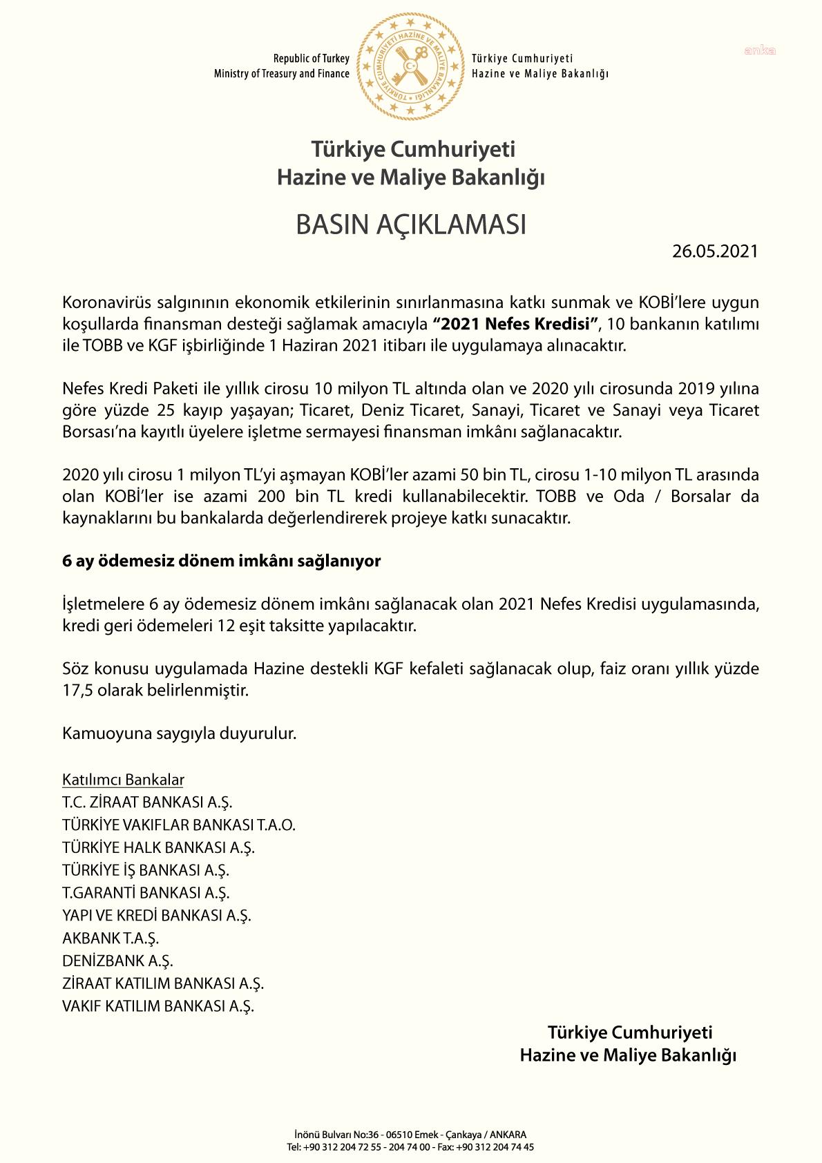 ‘2021 NEFES KREDİSİ’ UYGULAMASI 1 HAZİRAN'DA BAŞLAYACAK