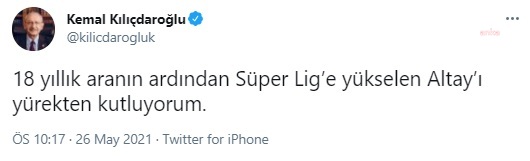 CHP LİDERİ KILIÇDAROĞLU: "SÜPER LİG’E YÜKSELEN ALTAY’I YÜREKTEN KUTLUYORUM"