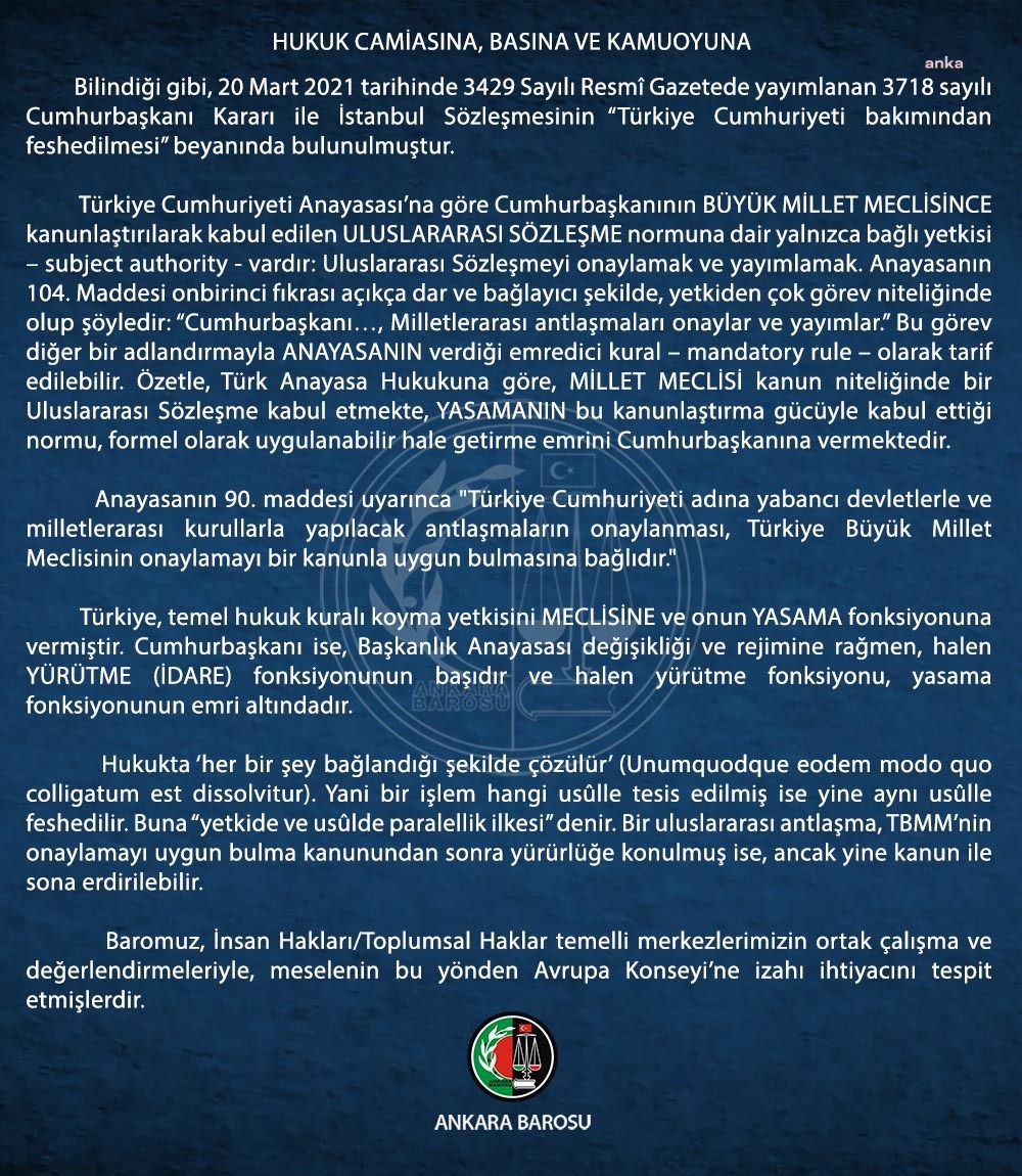 ANKARA BAROSU, “İSTANBUL SÖZLEŞMESİ” İÇİN VENEDİK KOMİSYONU’NA BAŞVURDU