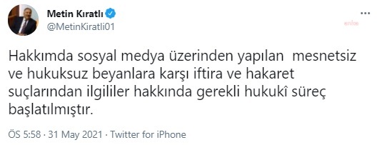 METİN KIRATLI: "HUKUKSUZ BEYANLARA KARŞI HUKUKÎ SÜREÇ BAŞLATILMIŞTIR"