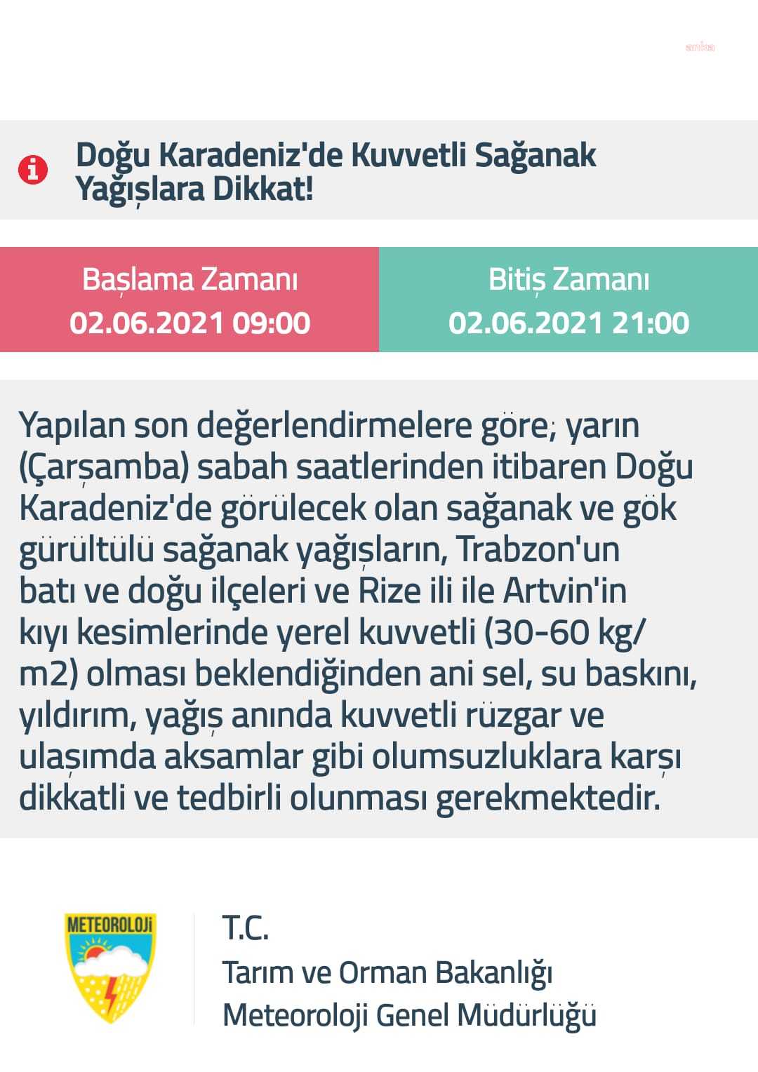 DOĞU KARADENİZ İÇİN SAĞANAK YAĞIŞ VE SEL UYARISI