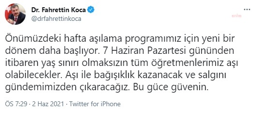 FAHRETTİN KOCA: 7 HAZİRAN'DAN İTİBAREN YAŞ SINIRI OLMAKSIZIN TÜM ÖĞRETMENLER AŞILANABİLECEK