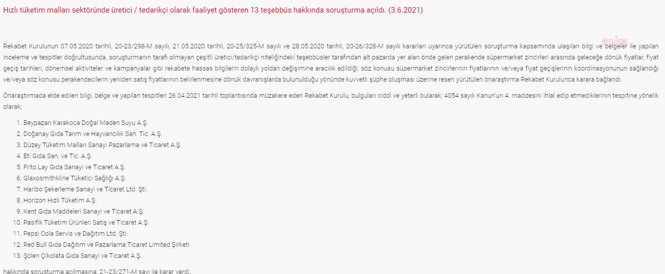 REKABET KURUMU, 13 ŞİRKET HAKKINDA SORUŞTURMA BAŞLATTI