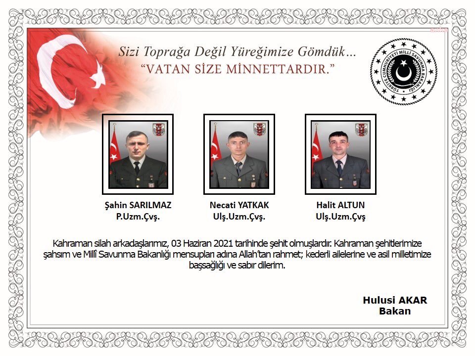 MSB: ZEYTİNDALI BÖLGESİ'NDE 3 ASKER ŞEHİT OLDU