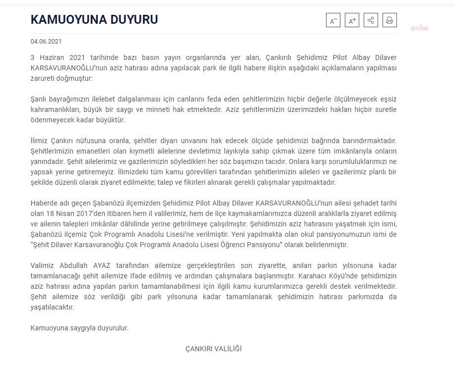 ÇANKIRI VALİLİĞİ’NDEN ŞEHİT İÇİN PARK AÇIKLAMASI: "YIL SONUNA KADAR TAMAMLANACAK"