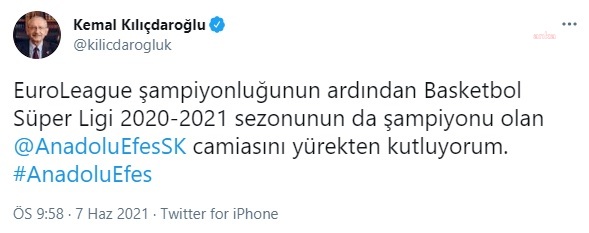KILIÇDAROĞLU, BASKETBOL SÜPER LİG ŞAMPİYONU ANADOLU EFES'İ KUTLADI