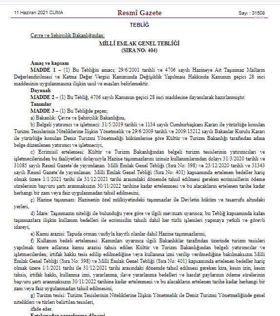 HAZİNE ARAZİSİ ÜZERİNDEKİ TURİZM TESİSLERİNİN KİRALARINA ERTELEME GELDİ