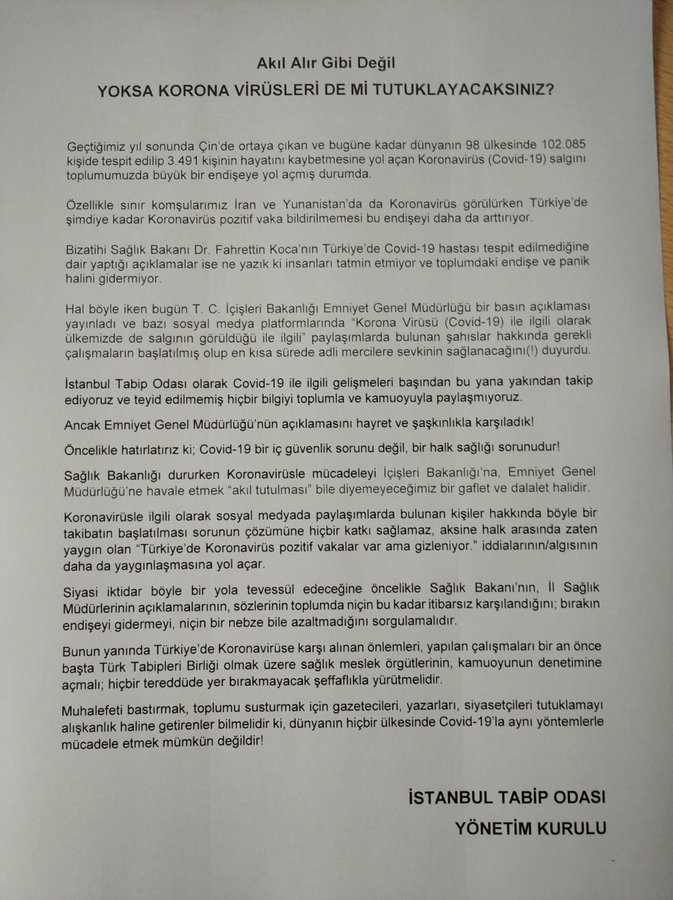 İSTANBUL TABİP ODASI: YOKSA CORONA VİRÜSLERİ DE Mİ TUTUKLAYACAKSINIZ?