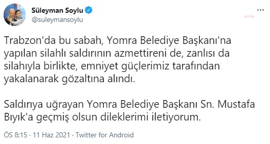 BAKAN SOYLU: "YOMRA BELEDİYE BAŞKANINA SALDIRAN DA AZMETTİREN DE YAKALANDI"