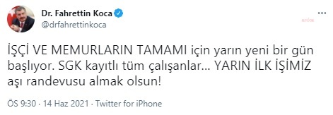 BAKAN KOCA: "SGK KAYITLI TÜM ÇALIŞANLAR YARINDAN İTİBAREN AŞI RANDEVUSU ALABİLECEK"