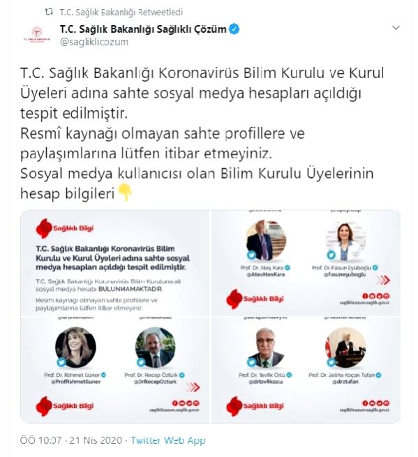SAĞLIK BAKANLIĞI'NDAN, BİLİM KURULU ÜYELERİ İÇİN 'SAHTE HESAP' UYARISI