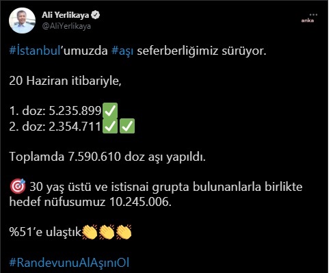 VALİ YERLİKAYA: İSTANBUL'DA 7 MİLYON 590 BİN DOZ AŞI YAPILDI