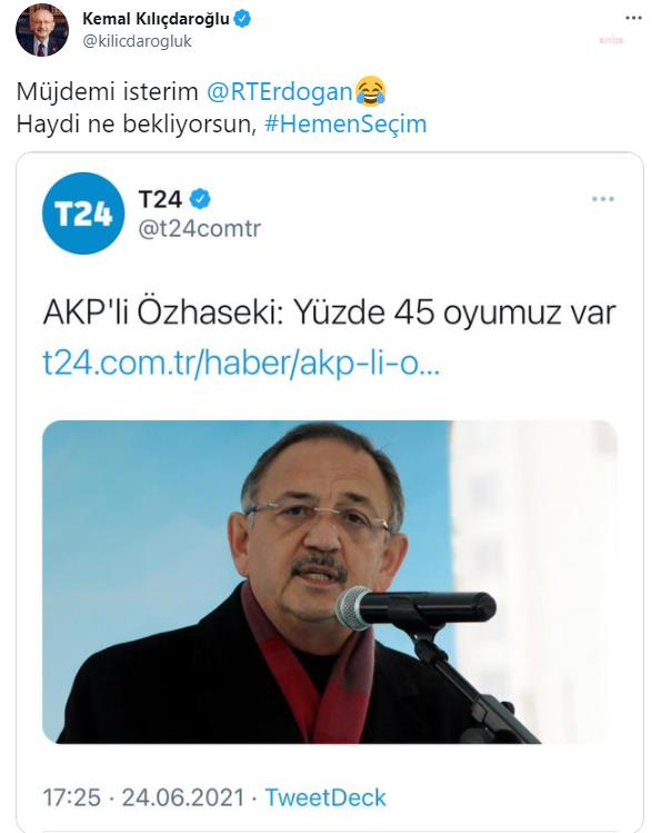 KILIÇDAROĞLU'NDAN YÜZDE 45 YANITI: "HAYDİ NE BEKLİYORSUN HEMEN SEÇİM"