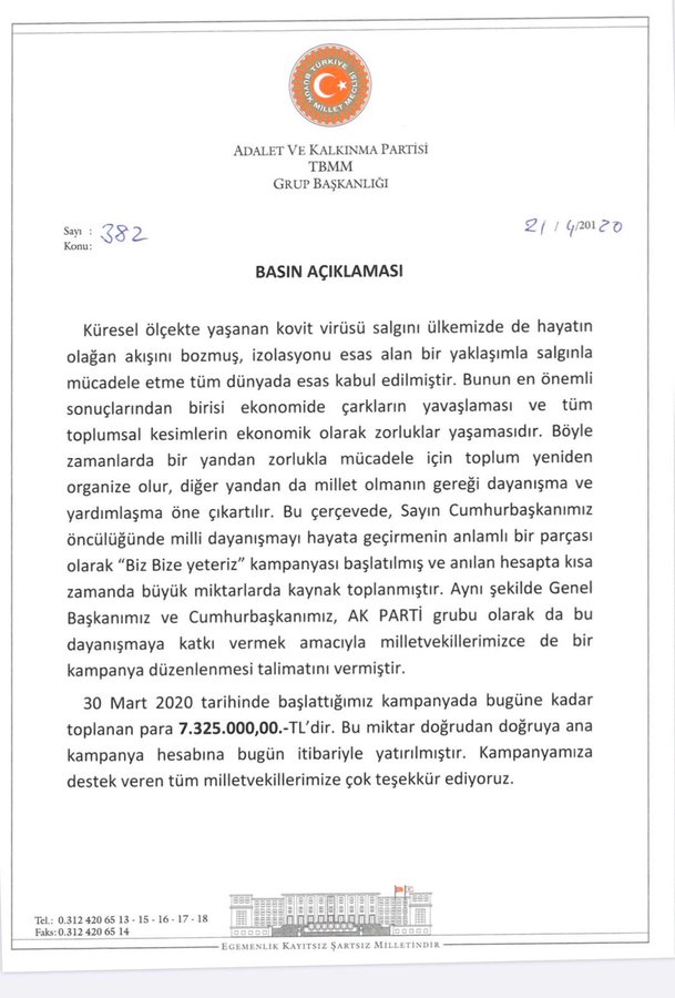AKP'Lİ VEKİLLERDEN 7 MİLYON 325 BİN LİRA BAĞIŞ