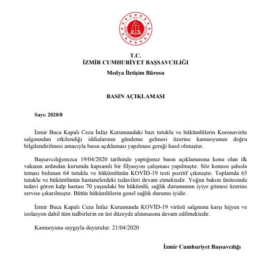 BUCA CEZAEVİNDE 65 MAHPUS KORONAVİRÜSE YAKALANDI