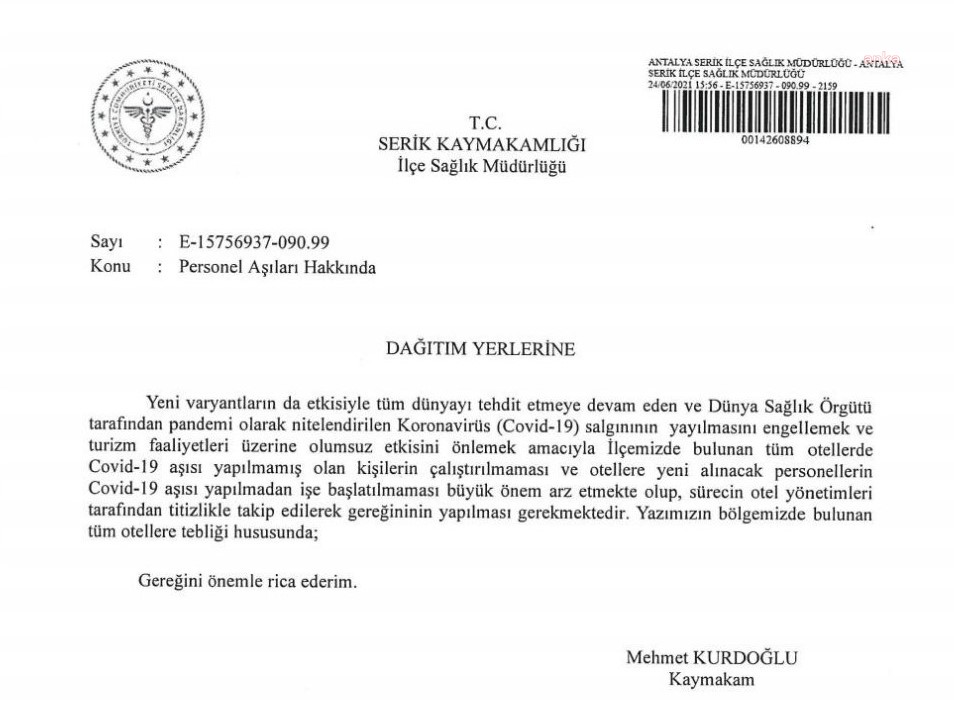 SERİK KAYMAKAMLIĞI: AŞI OLMAYANLAR OTELLERDE ÇALIŞTIRILMAYACAK