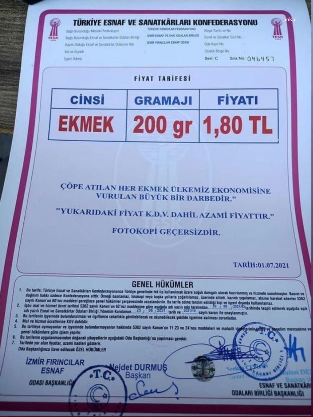 İZMİR'DE EKMEĞE YÜZDE 20 ZAM