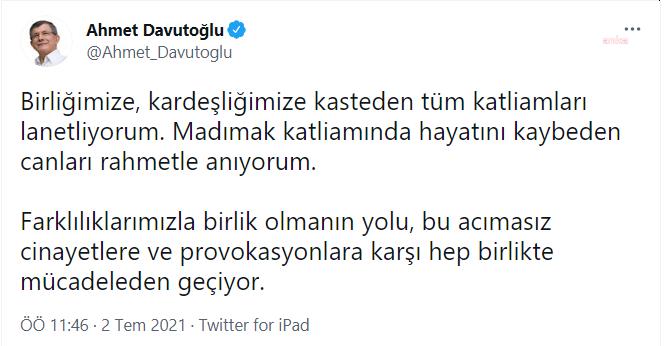 DAVUTOĞLU: KARDEŞLİĞİMİZE KASTEDEN TÜM KATLİAMLARI LANETLİYORUM