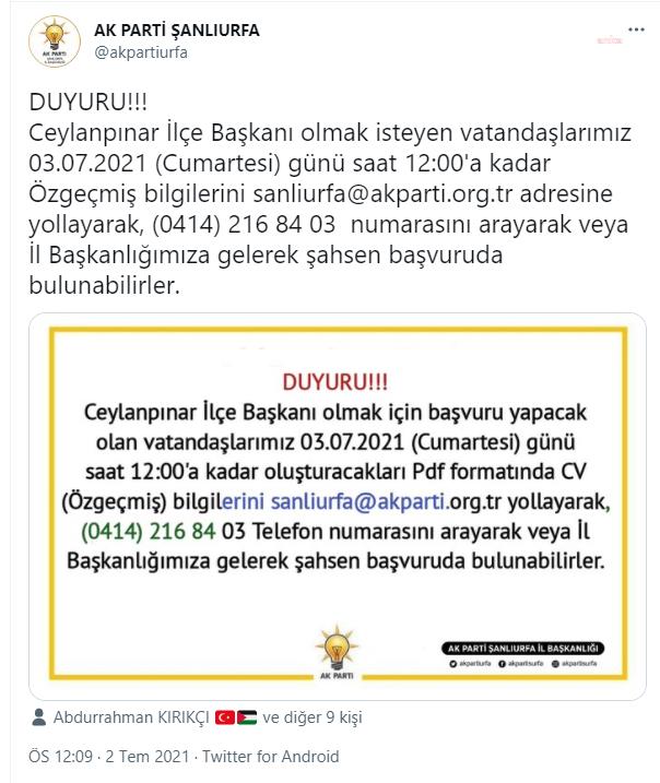 AKP, CEYLANPINAR İÇİN İLANLA İLÇE BAŞKANI ARIYOR