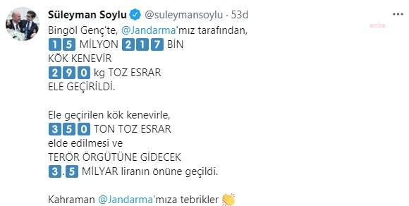 İÇİŞLERİ BAKANI SOYLU: 15,2 MİLYON KÖK KENEVİR ELE GEÇİRİLDİ. TERÖR ÖRGÜTÜNE 3,5 MİLYAR TL GİTMESİNİN ÖNÜNE GEÇİLDİ