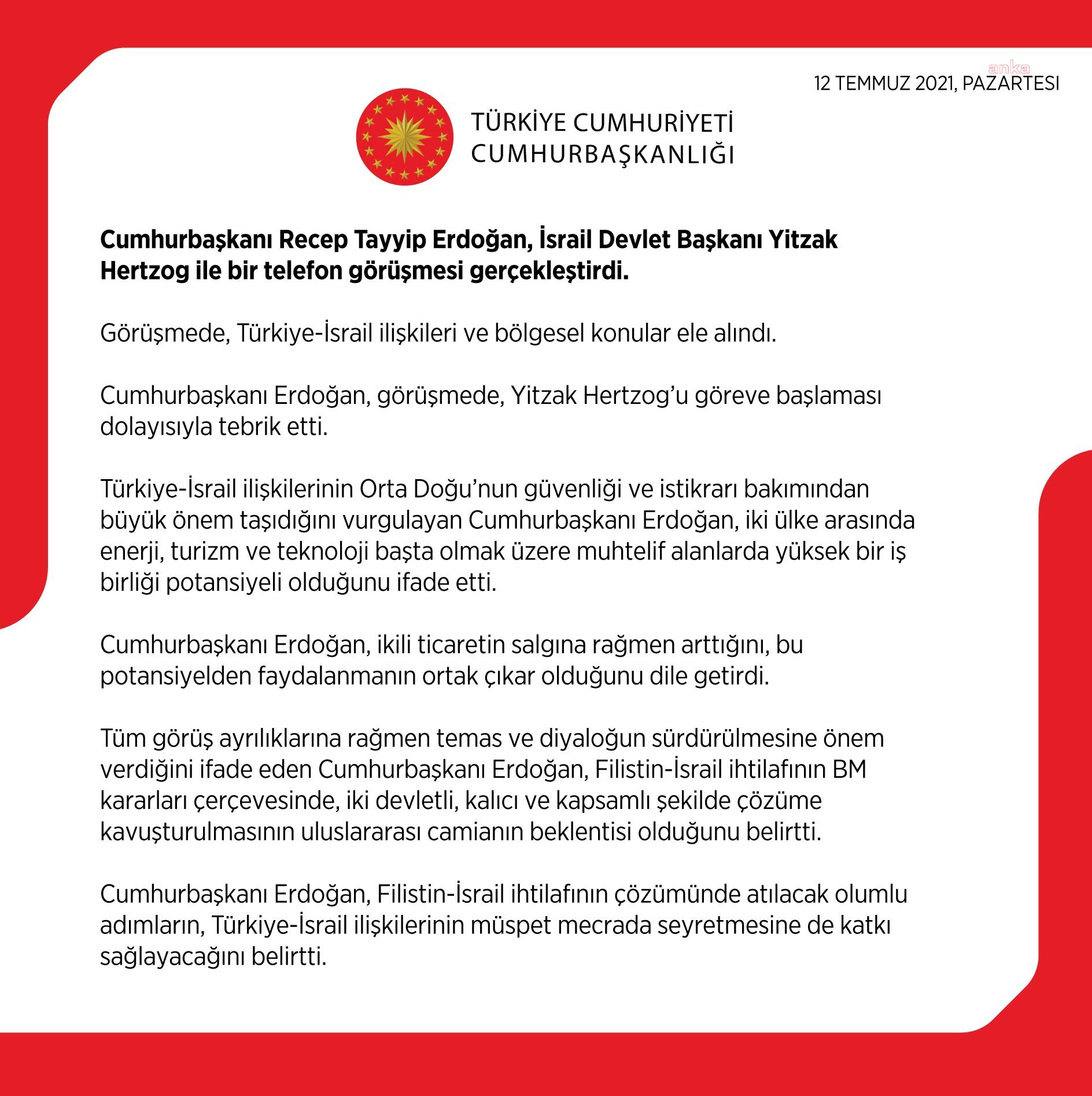 ERDOĞAN, İSRAİL DEVLET BAŞKANI HERTZOG İLE TELEFONDA GÖRÜŞTÜ