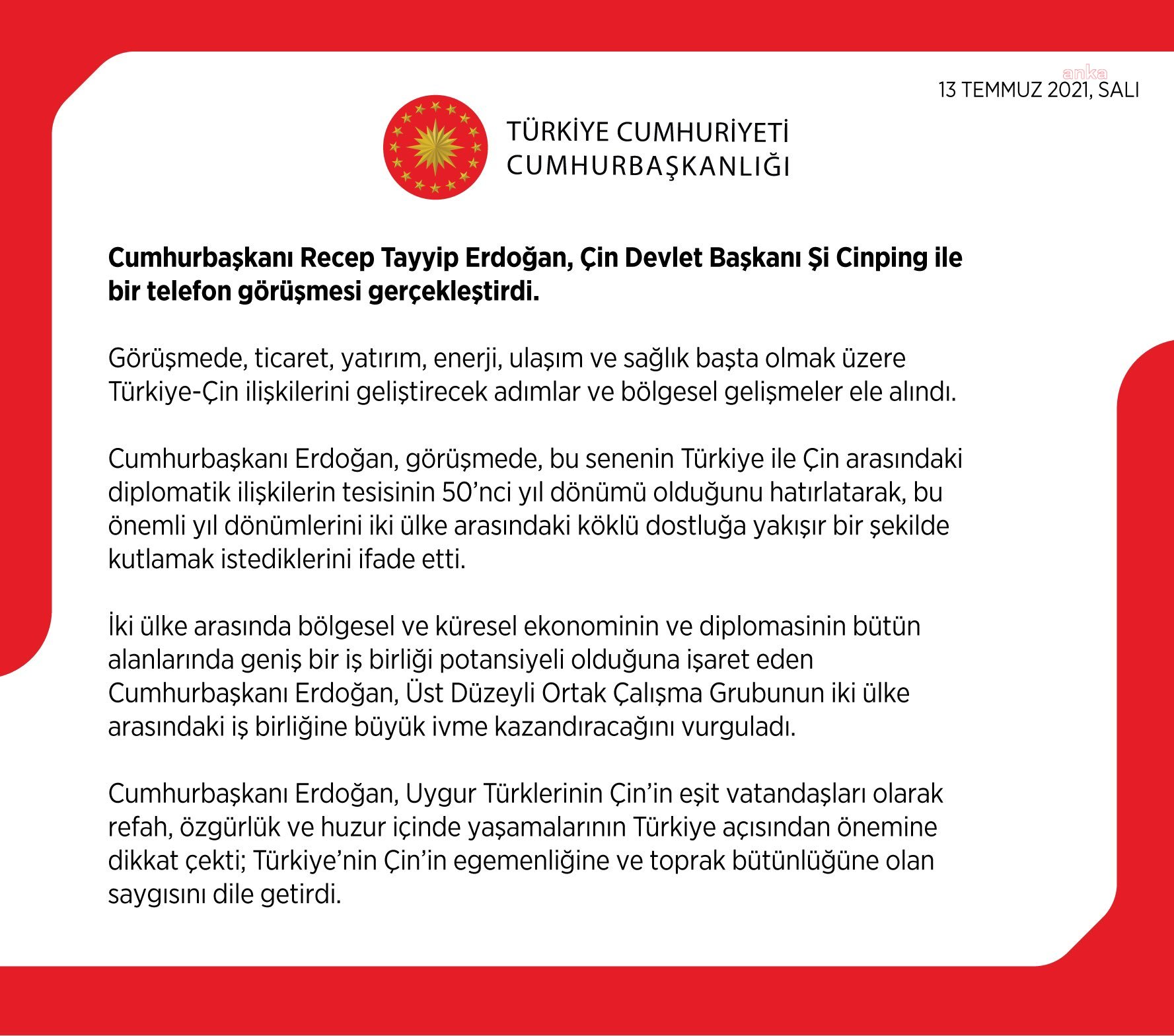 ERDOĞAN, ÇİN DEVLET BAŞKANI JİNPİNG İLE TELEFONDA GÖRÜŞTÜ