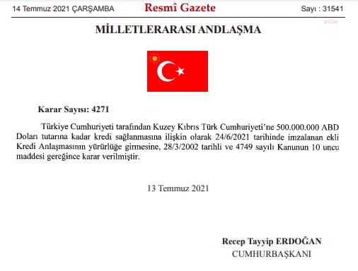 TÜRKİYE’DEN KKTC’YE 500 MİLYON DOLAR KREDİ