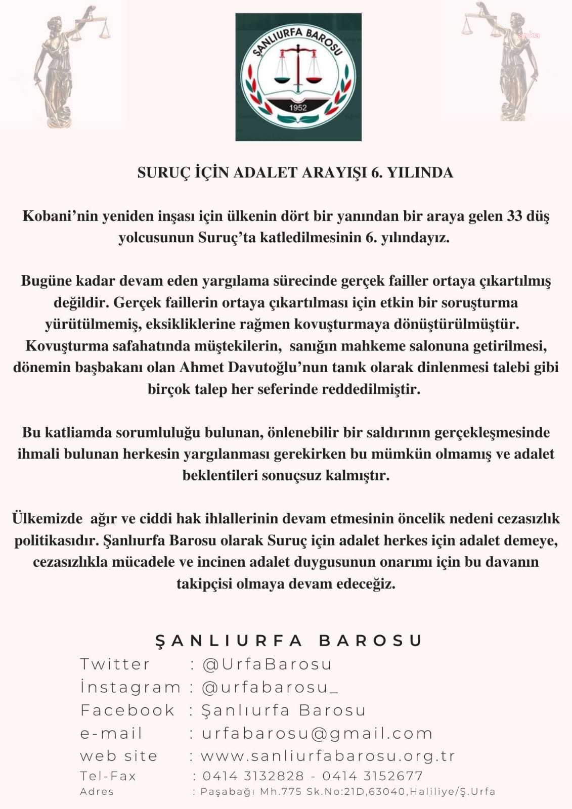 ŞANLIURFA BAROSU: "SURUÇ KATLİAMINDA ADALET BEKLENTİSİ SONUÇSUZ KALDI"