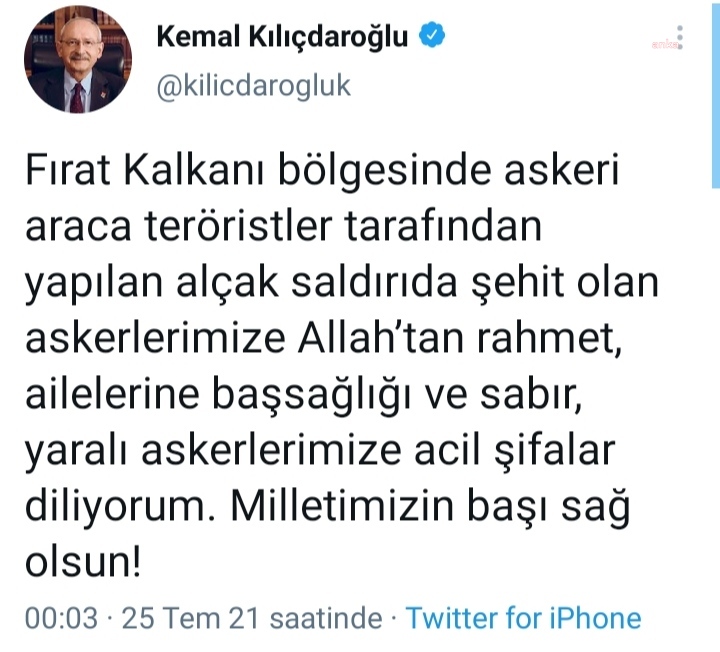KILIÇDAROĞLU: ŞEHİTLERİMİZE ALLAH'TAN RAHMET, YARALILARIMIZA ACİL ŞİFALAR DİLİYORUM