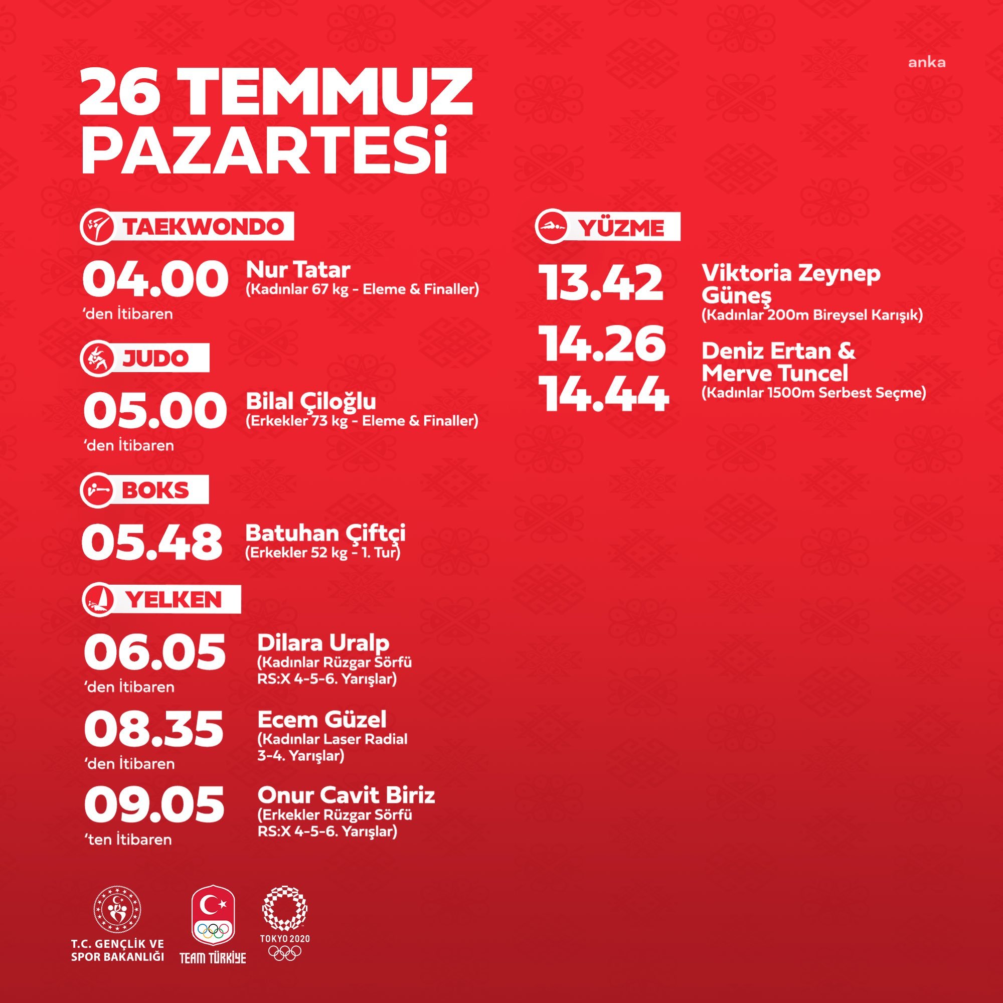 TOKYO OLİMPİYATLARI'NDA YARIN TÜRKİYE'Yİ TEMSİLEN 5 BRANŞTAN 9 SPORCU YARIŞACAK