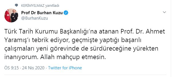 BURHAN KUZU’DAN TÜRK TARİH KURUMU’NA ATANAN ENSAR YÖNETİCİSİNE TEBRİK