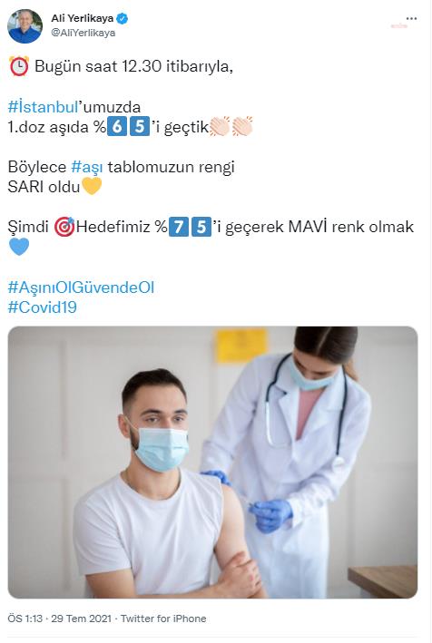 VALİ YERLİKAYA: İSTANBUL'DA 1. DOZ AŞIDA YÜZDE 65’İ GEÇTİK