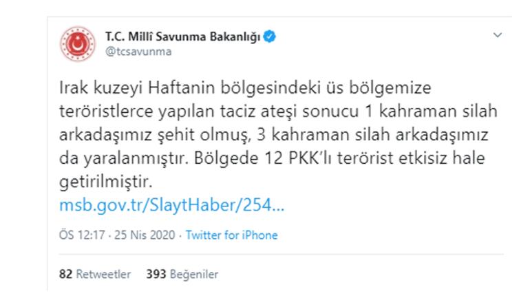 MSB:  1 ASKER ŞEHİT OLDU, 12 PKK'LI ETKİSİZ HALE GETİRİLDİ