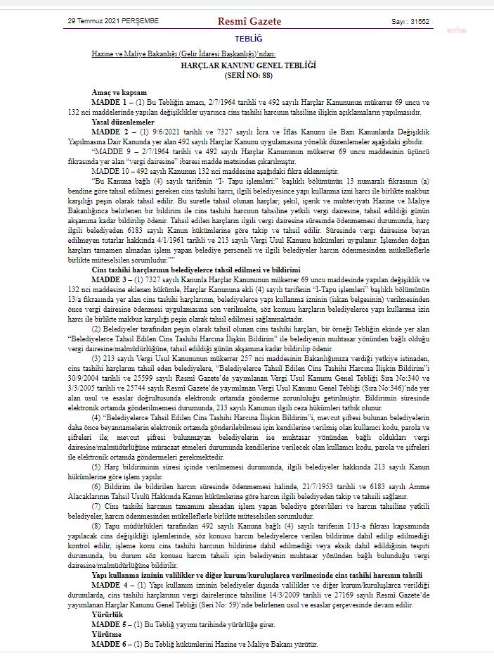 İSKAN BELGESİ HARCININ TAHSİL İŞLEMİNDE DEĞİŞİKLİK