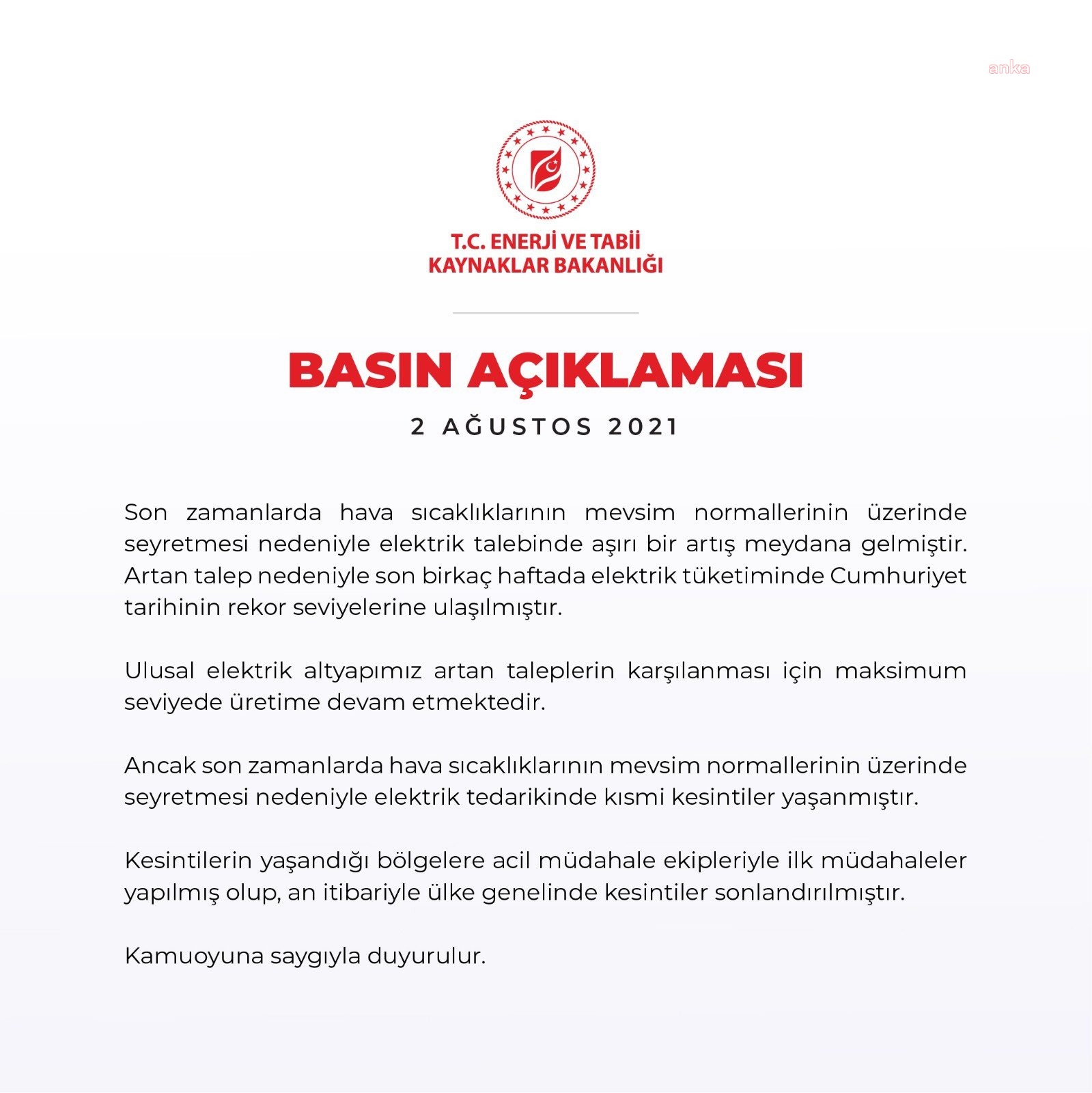 ENERJİ BAKANLIĞINDAN 'ELEKTRİK KESİNTİSİ' AÇIKLAMASI: ÜLKE GENELİNDE KESİNTİLER SONLANDIRILDI